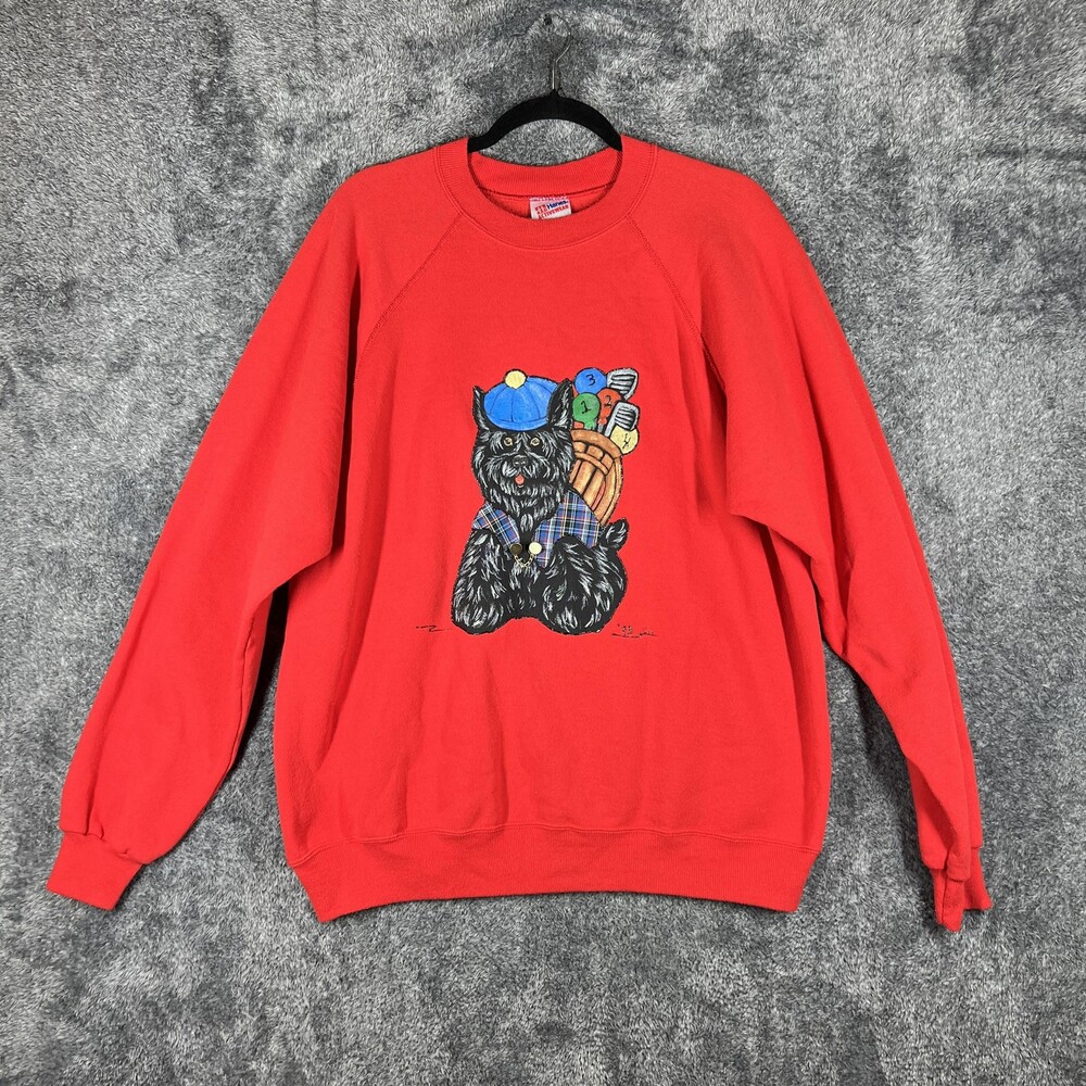 Vintage Hanes Sweatshirt Mens XL Red Pullover Fleece Dog Graphic Embroidered 90s